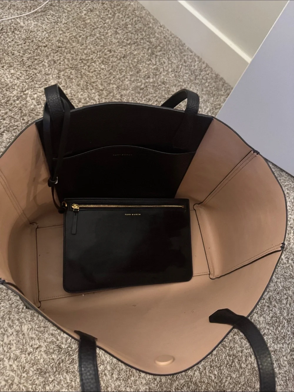 Tory Burch Black Leather Tote with Gold Logo